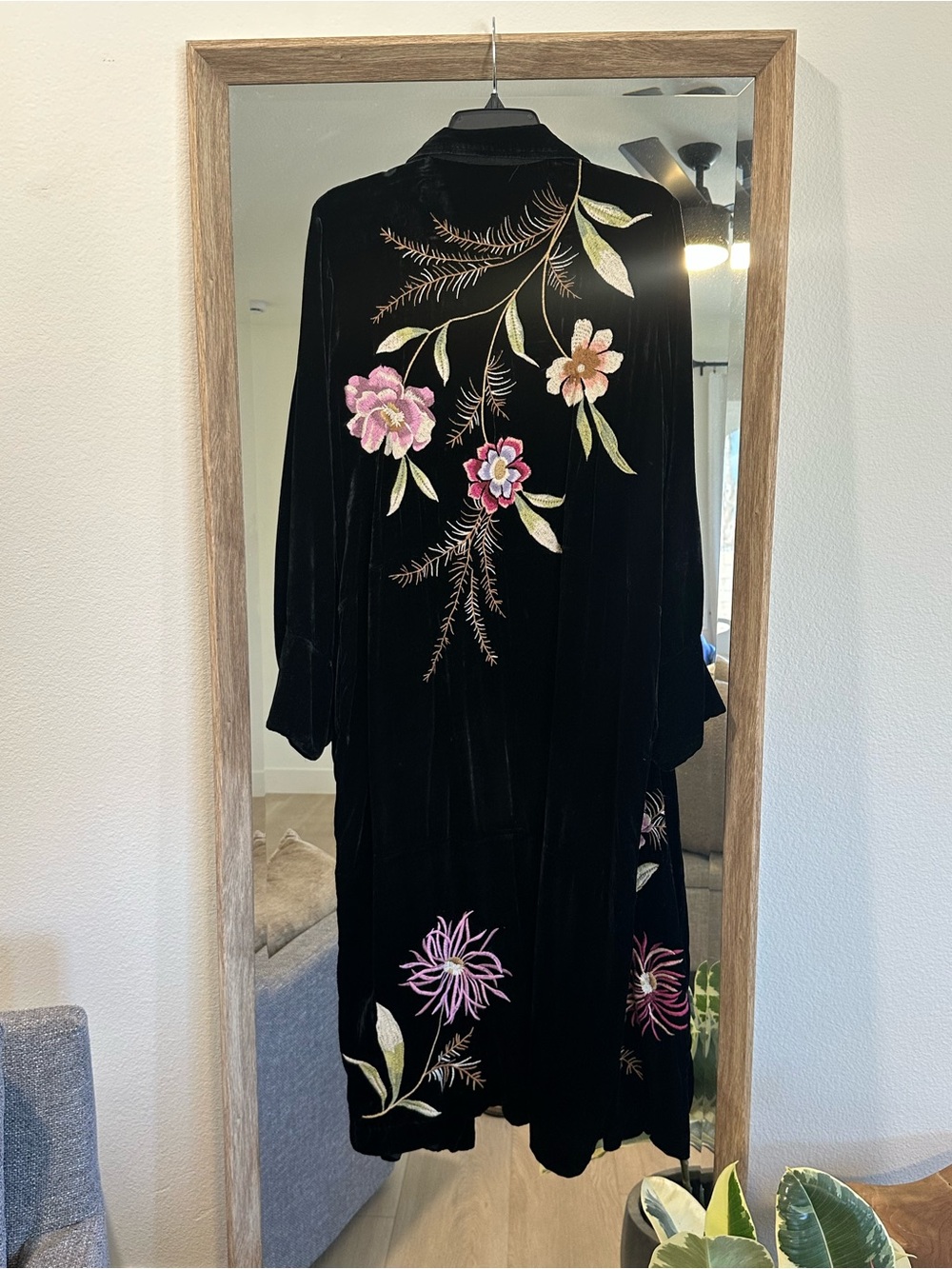 Embroidered Floral Velvet Maxi Dress Duster Kimono Cape